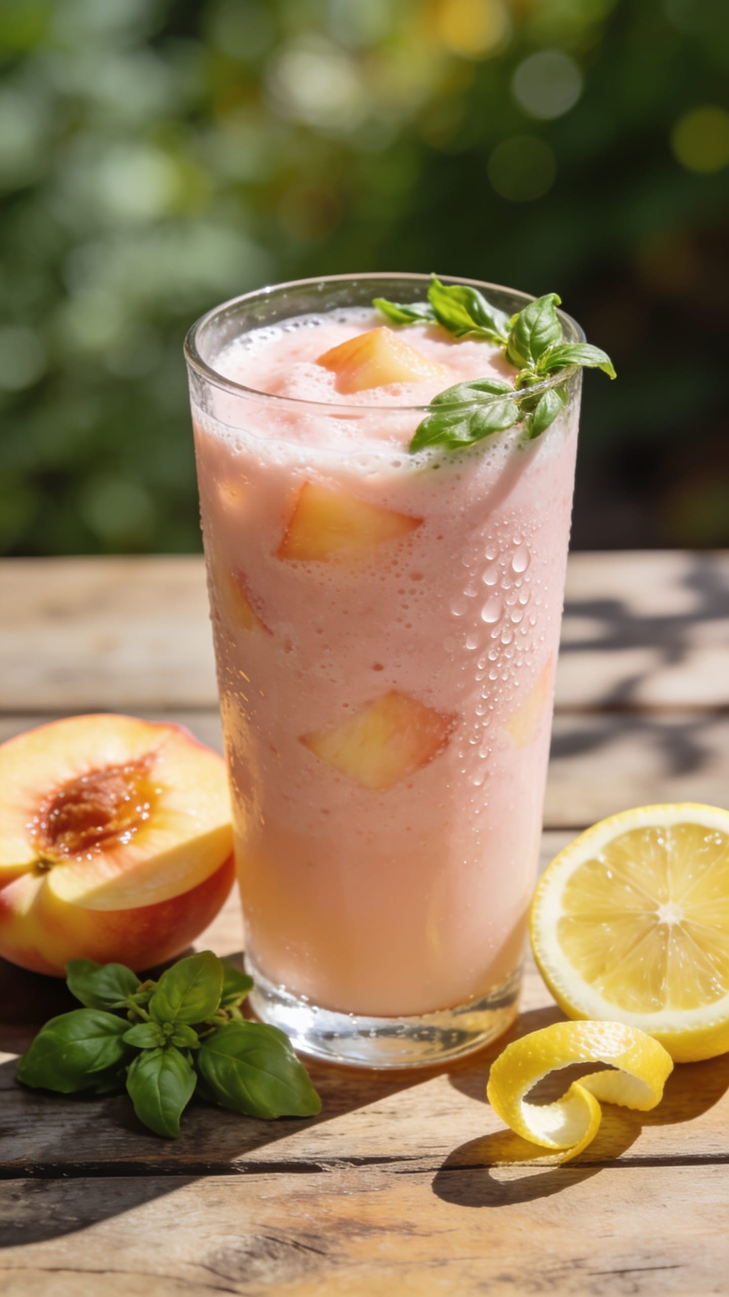 Homemade lemonade recipes with peach basil smoothie lemonade, fresh peaches, basil, and lemon