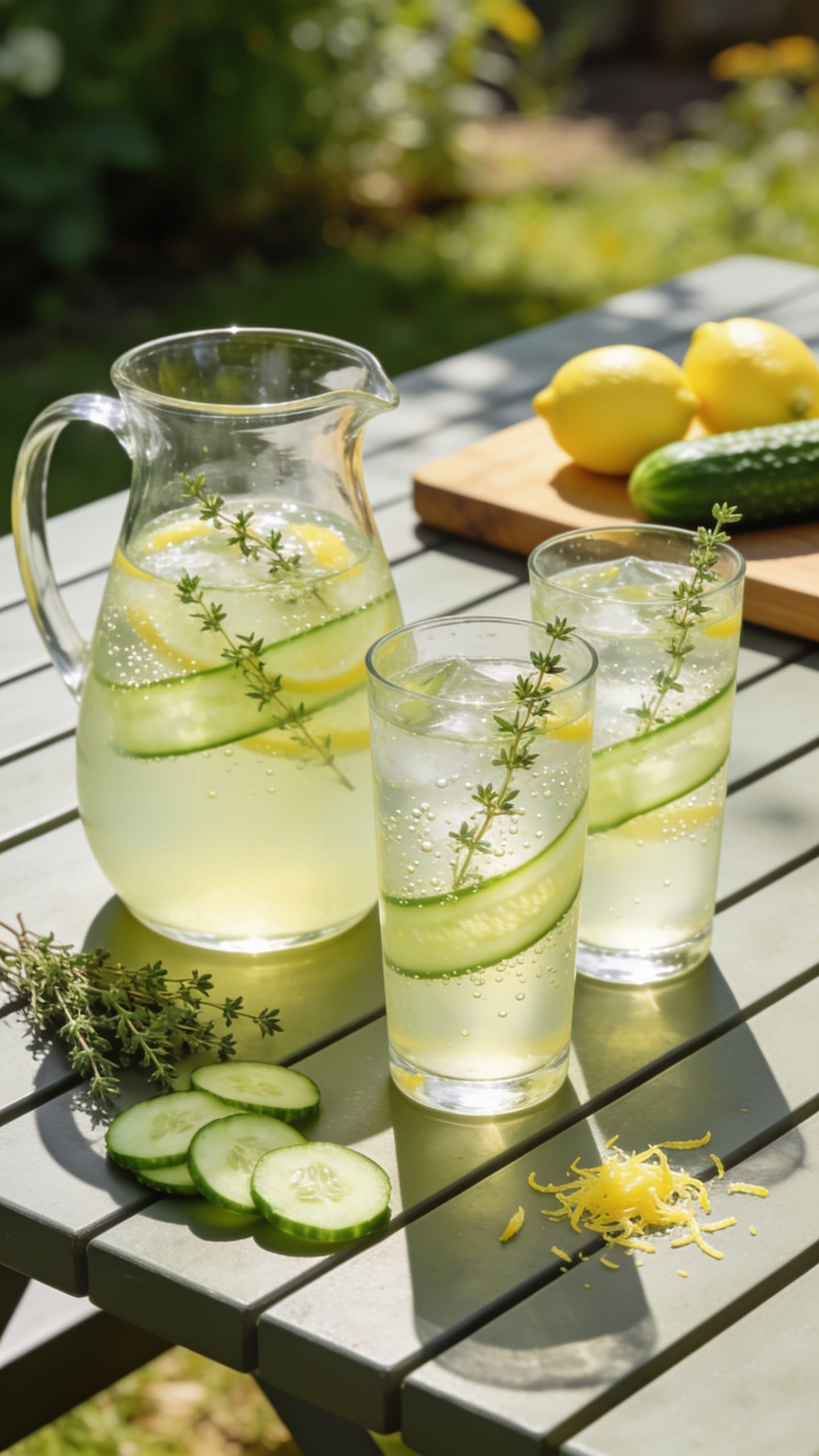 Homemade lemonade recipes with cucumber thyme lemonade, chilled and served over ice