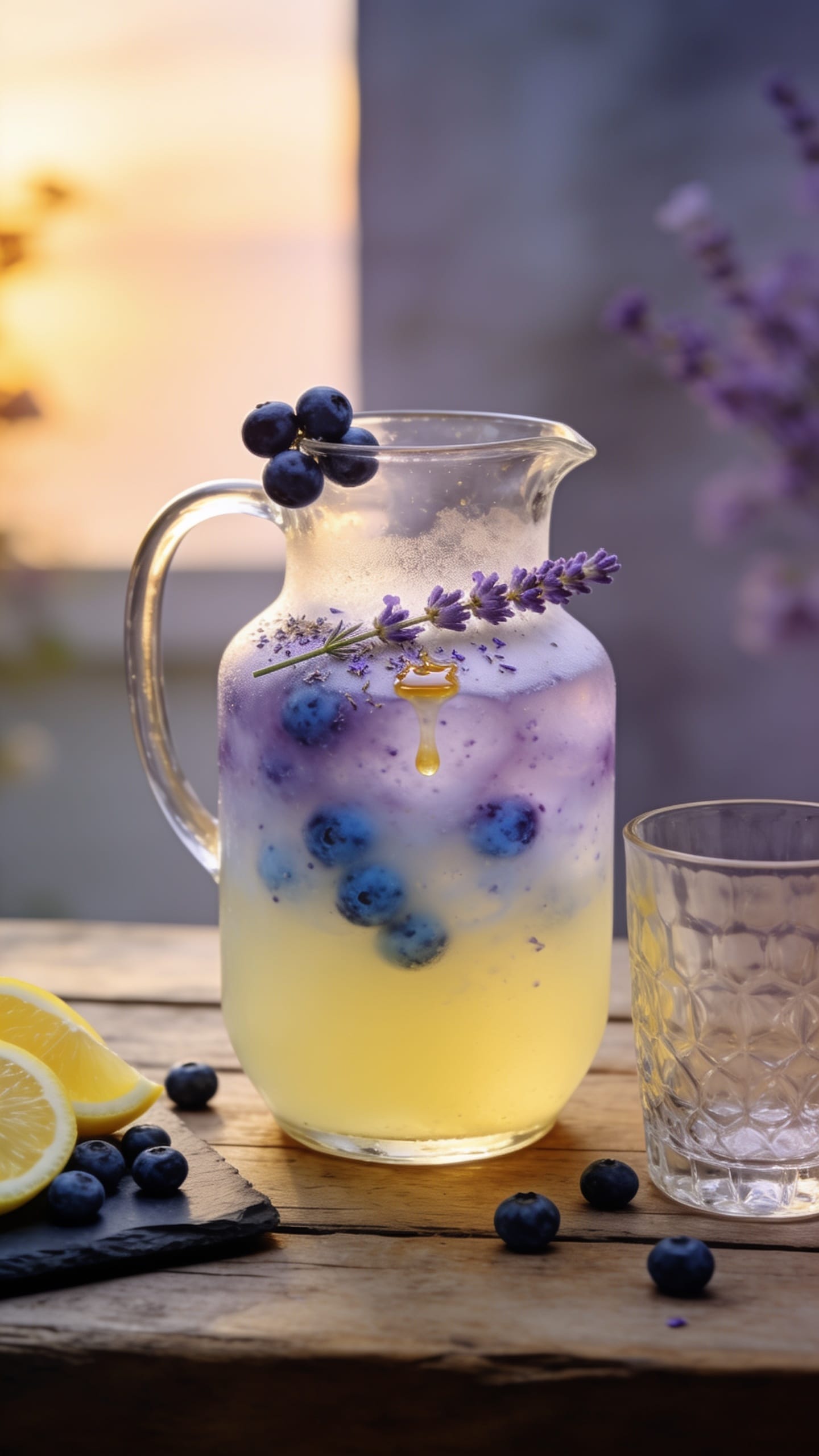 Homemade lemonade recipes with blueberry lavender lemonade, fresh blueberries, and lemon garnish