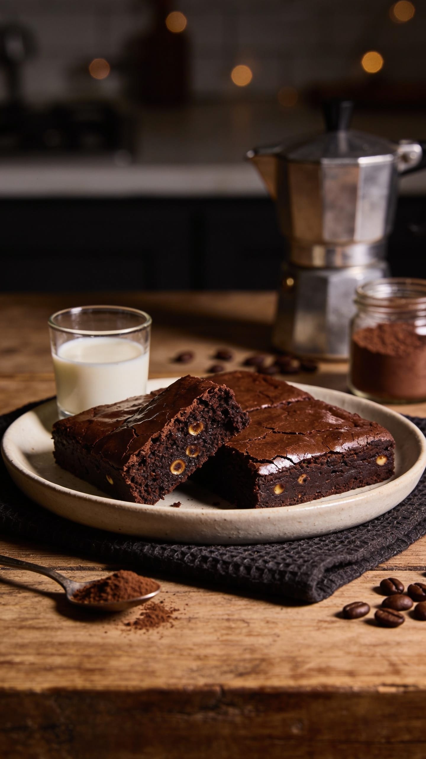 Fudgy vegan brownies with espresso, cocoa powder, and chocolate chips on parchment paper

