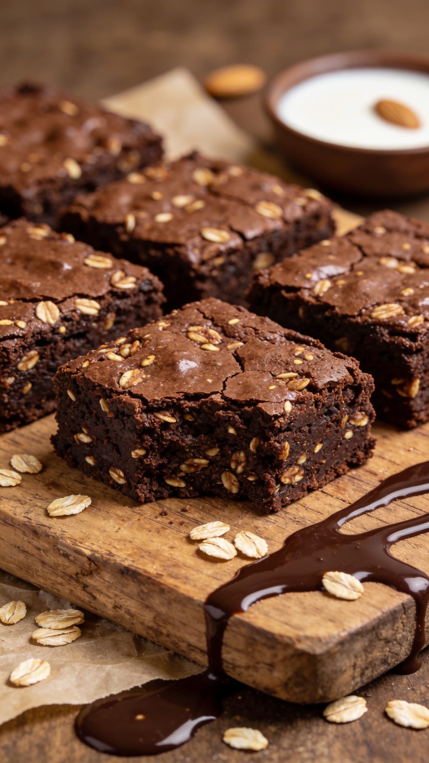 Double-chocolate oatmeal vegan brownies with chewy oats and dairy-free chocolate chips

