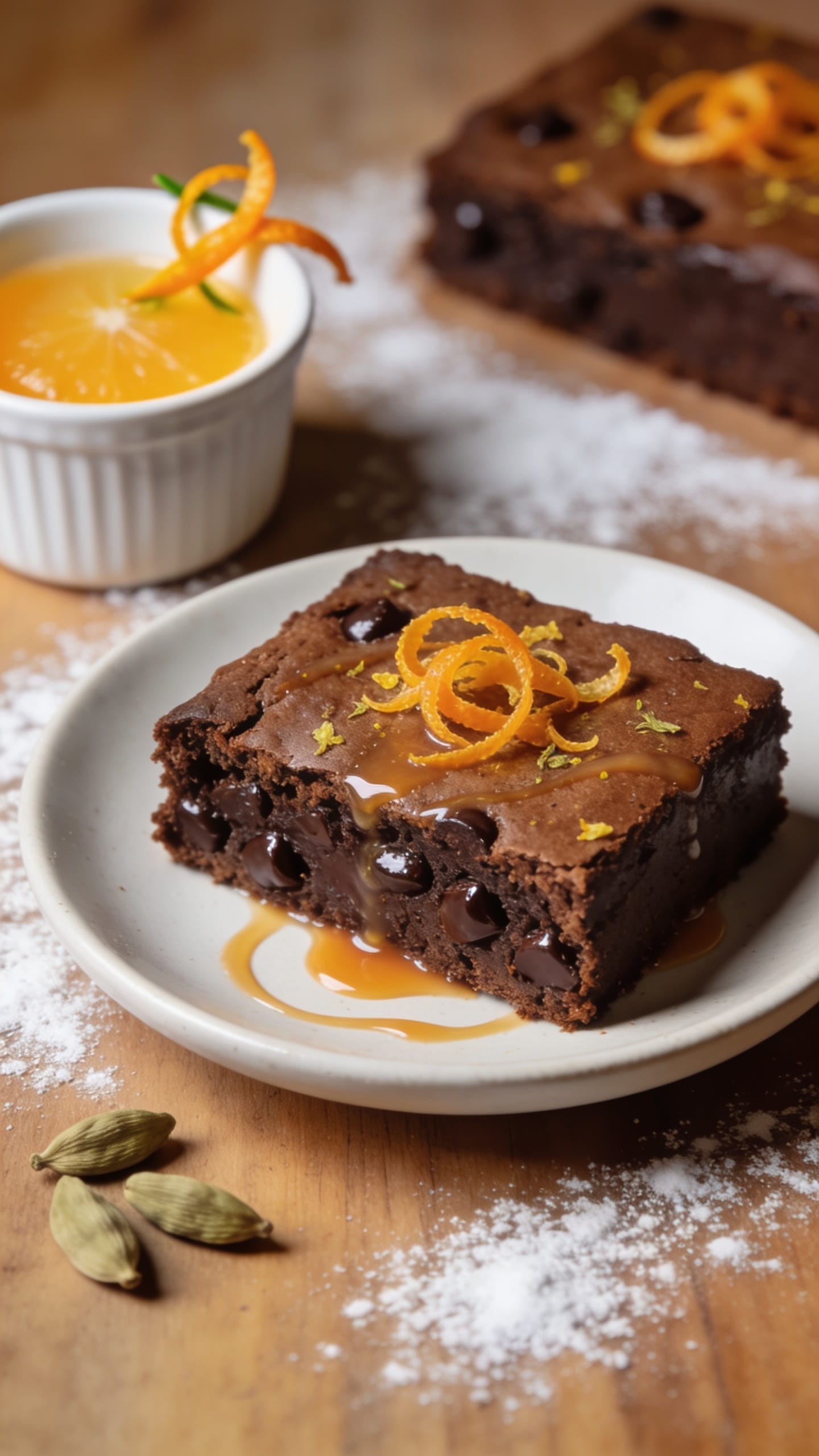 Orange cardamom vegan brownies with cocoa, citrus zest, and a soft fudgy center

