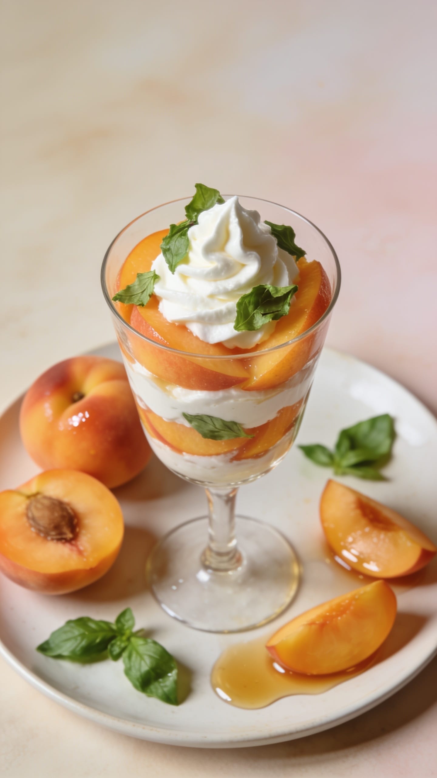 Peach-basil chilled parfaits layered with vanilla coconut cream and fresh peach slices in clear dessert glasses