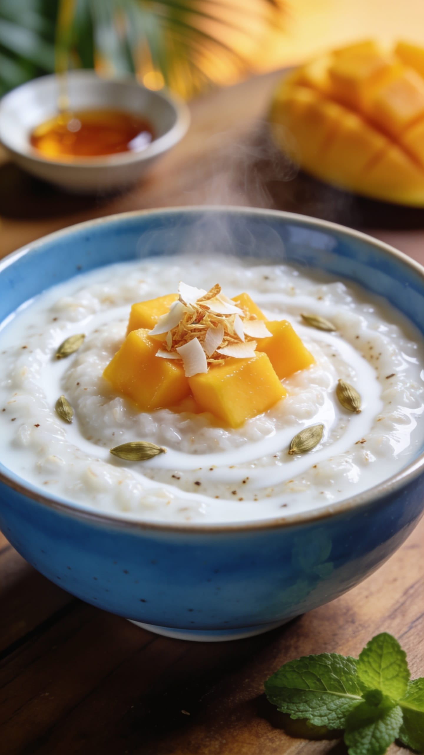 Creamy mango-coconut rice pudding topped with diced mango, toasted coconut, and a sprinkle of cardamom