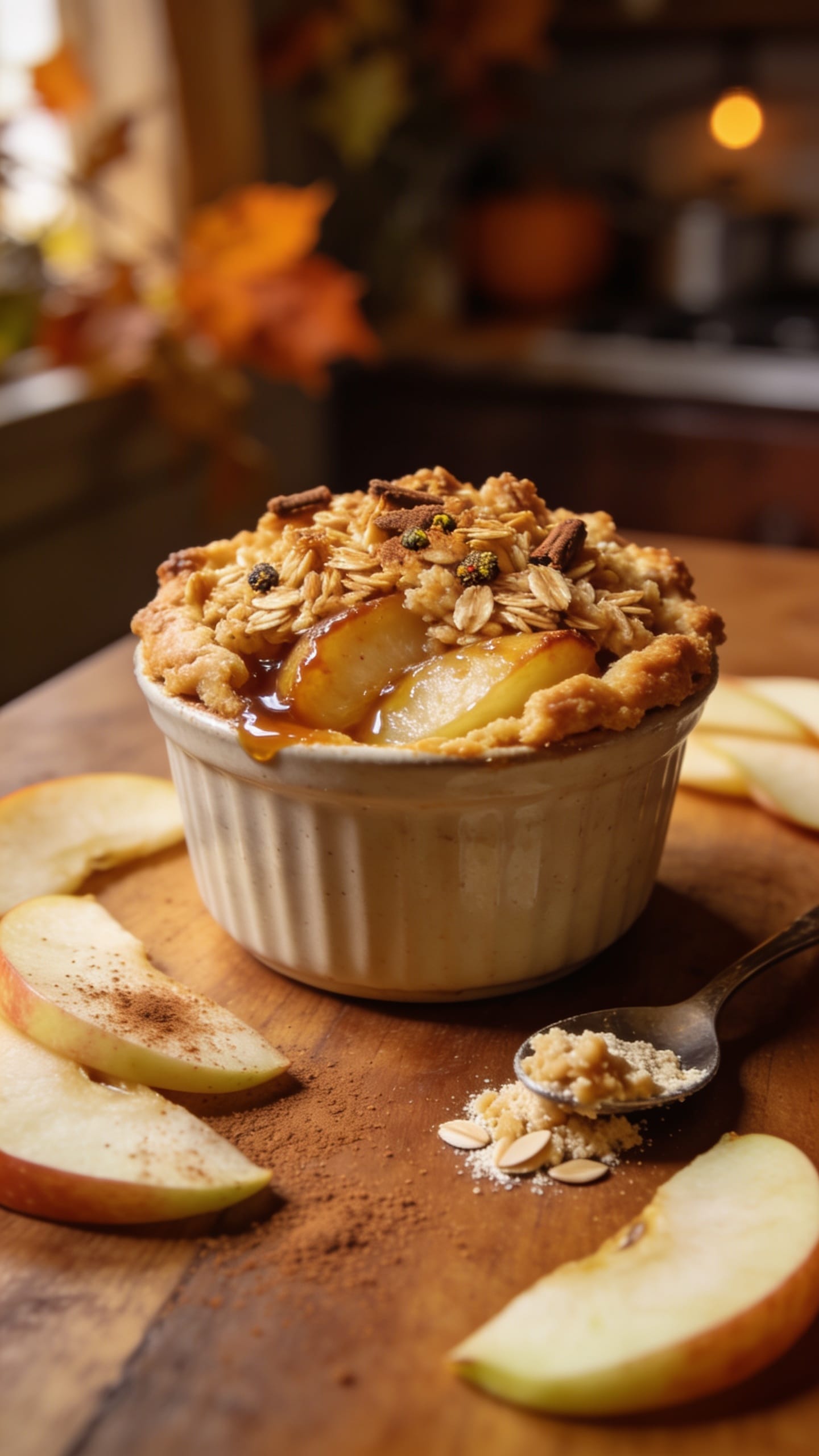 Warm apple-cinnamon crumble cups with golden oat topping baked in small ramekins