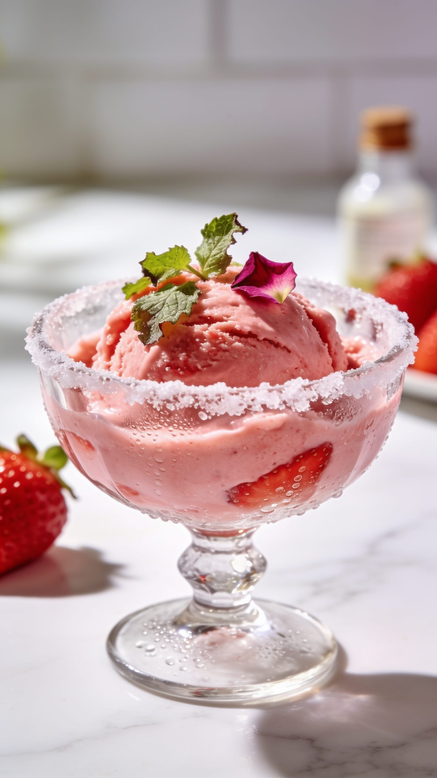 Bright strawberry-rosewater sorbet served with fresh mint for a light vegan dessert
