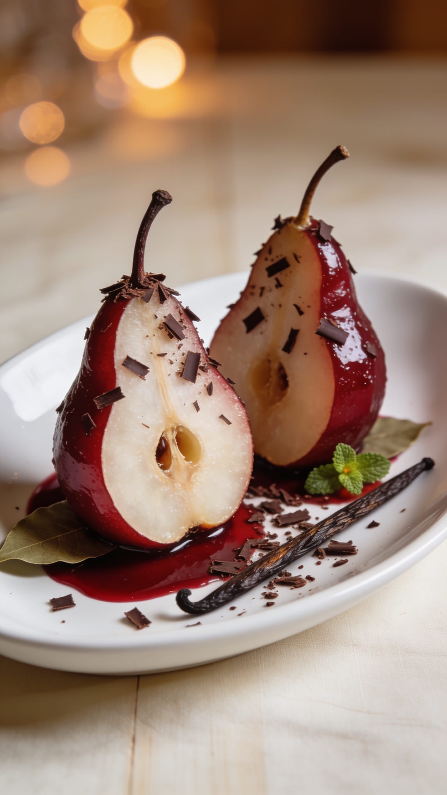 Pears poached in red wine with vanilla syrup and dark chocolate shavings on top