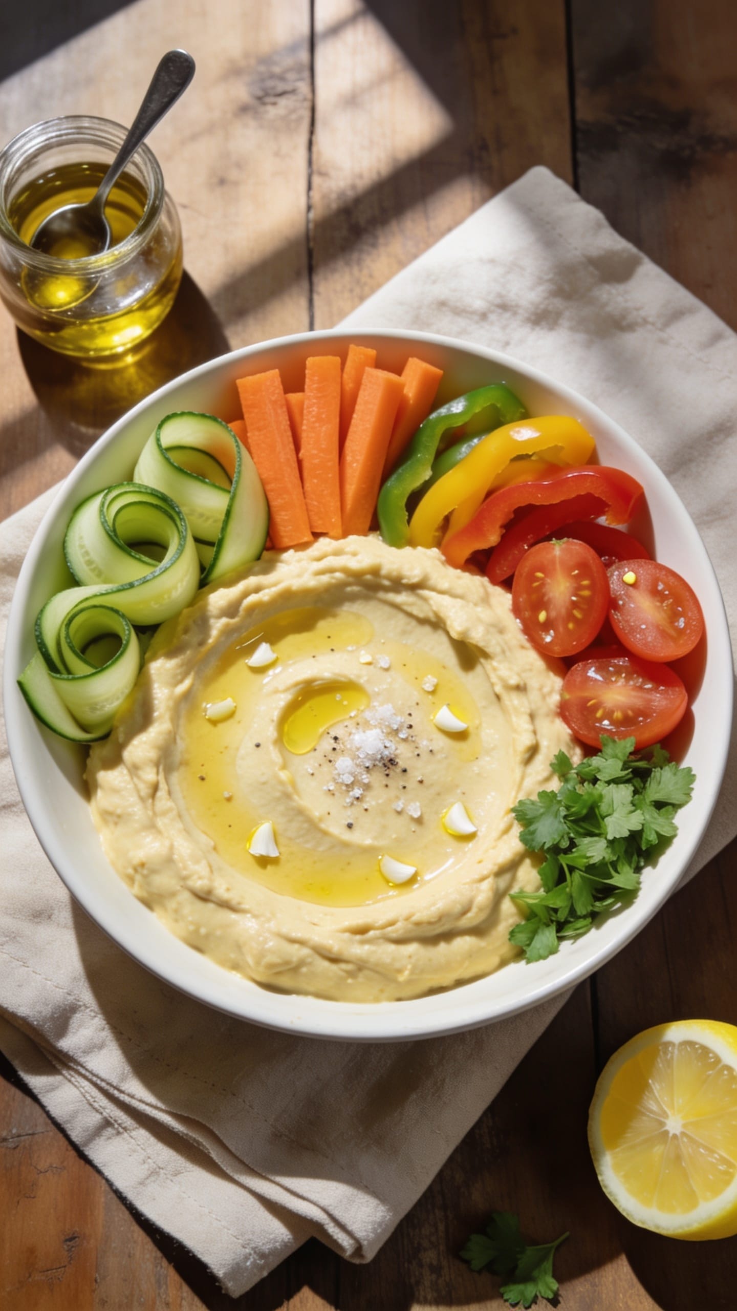 Creamy lemon garlic hummus bowl topped with cucumber, carrots, bell pepper, cherry tomatoes, and parsley