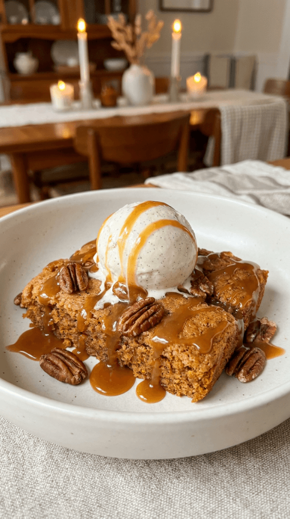 A close-up of warm vegan carrot cake cobbler in a white bowl, topped with melting dairy-free vanilla ice cream, toasted pecans, and a drizzle of caramel sauce.
