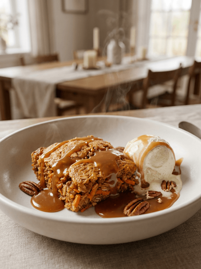 A close-up of warm vegan carrot cake cobbler in a white bowl, topped with melting dairy-free vanilla ice cream, toasted pecans, and a drizzle of caramel sauce.