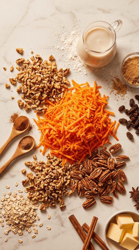 A flat lay of vegan carrot cake cobbler ingredients on a marble countertop, featuring grated carrots, chopped walnuts, cinnamon, nutmeg, flour, and oat milk.