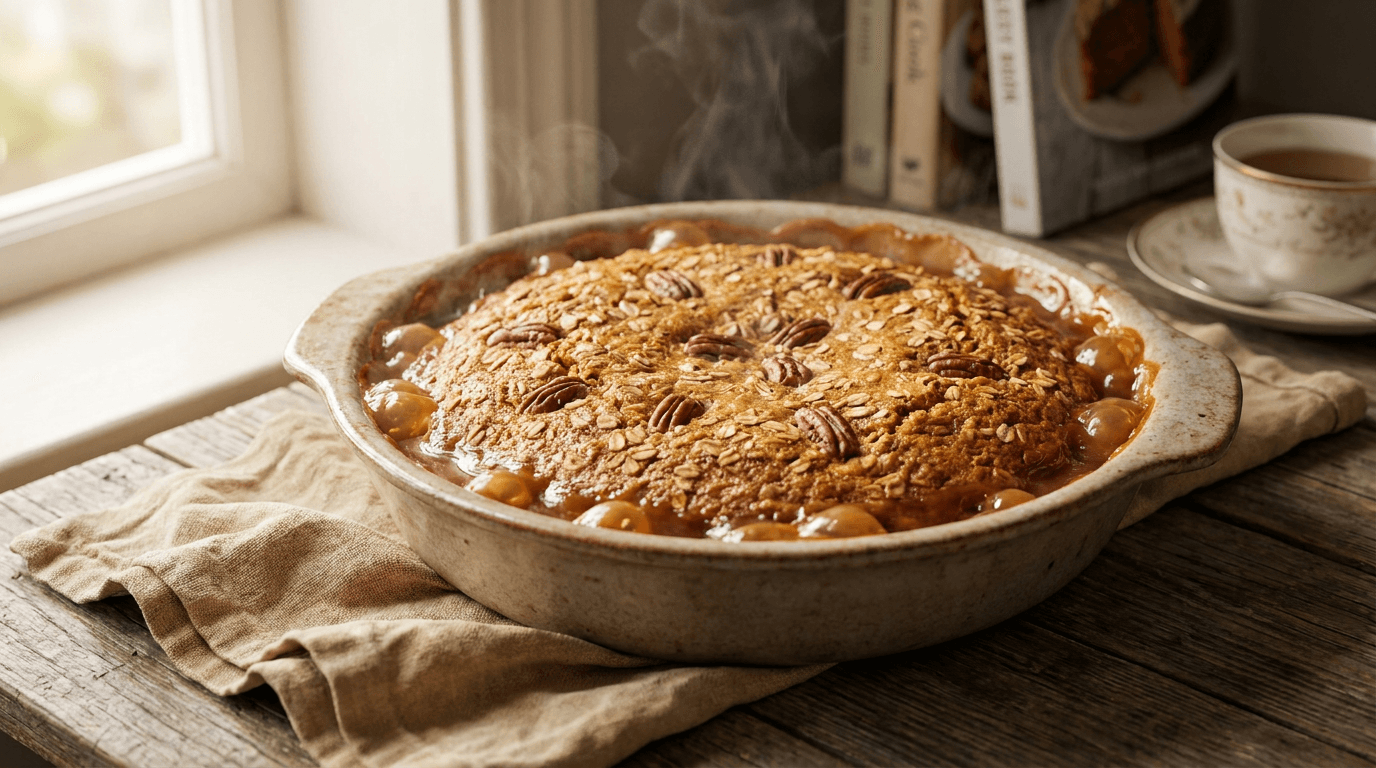 Professional food photography of a bubbling, freshly baked vegan carrot cake cobbler in a rustic rectangular ceramic baking dish. The top is a soft, golden-brown cake texture with rich caramel sauce bubbling up around the edges. Placed on a weathered wooden table with a folded vintage linen napkin in warm beige.