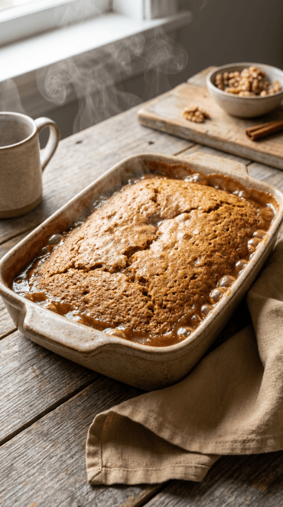 A bubbling, freshly baked vegan carrot cake cobbler in a rustic baking dish with rich caramel sauce around the edges, resting on a weathered wooden table.