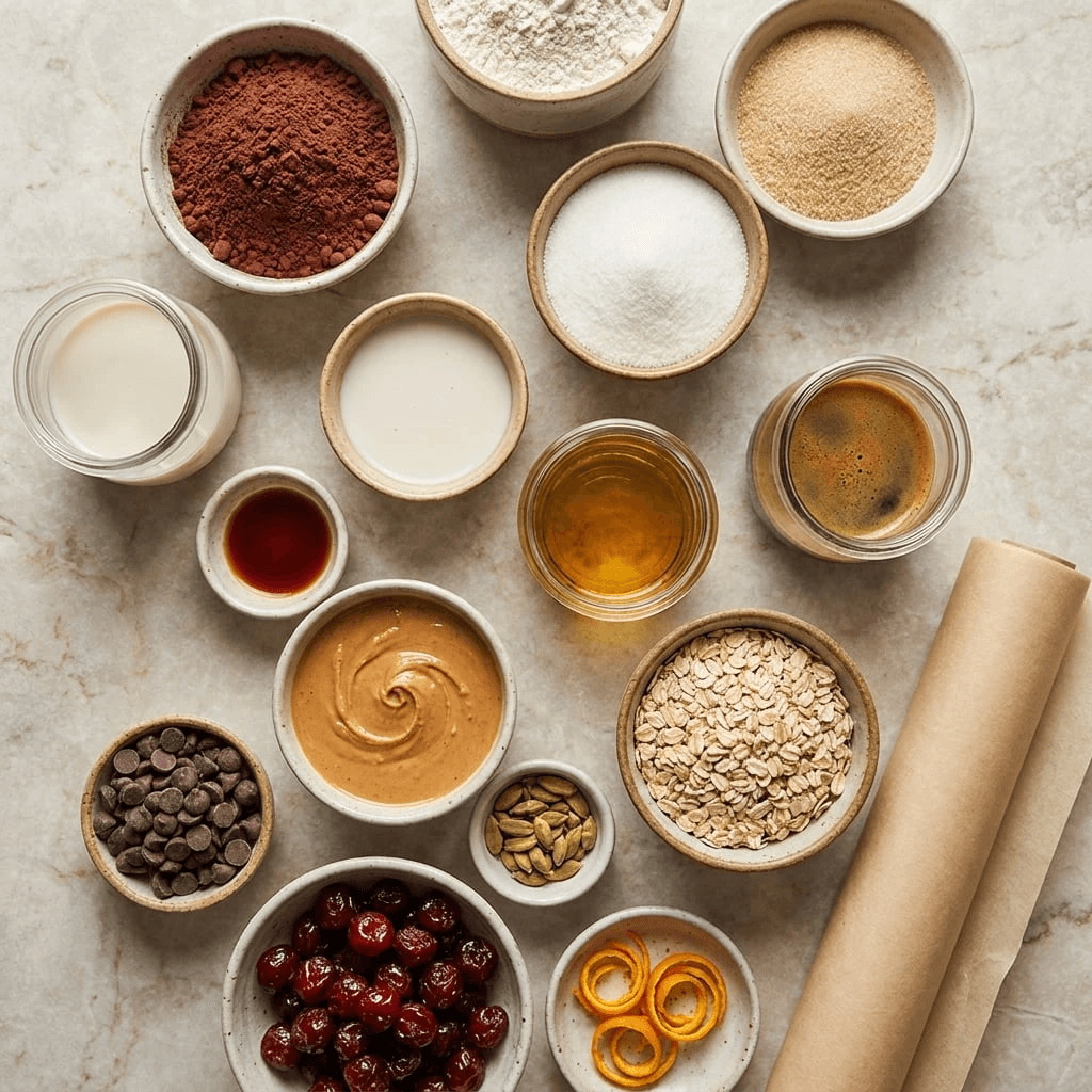 Vegan brownie ingredients arranged for baking, including flour, cocoa powder, almond milk, and chocolate chips

